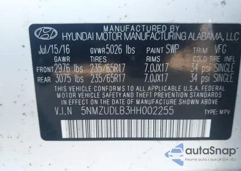 2017 Hyundai Santa Fe Sport 2.4L z USA, uszkodzony, nr VIN 5NMZUDLB3HH002255